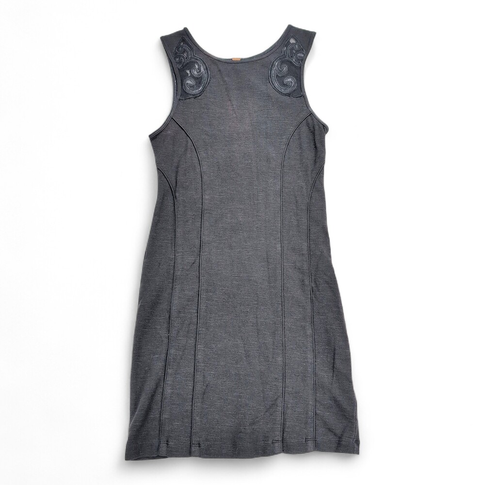 Free People Gray Fitted Tank Mini Dress Embroidered Shoulders S